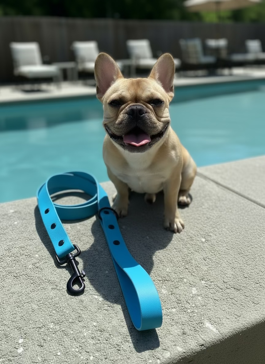 Blue dog leash with black clip on a gray fabric background