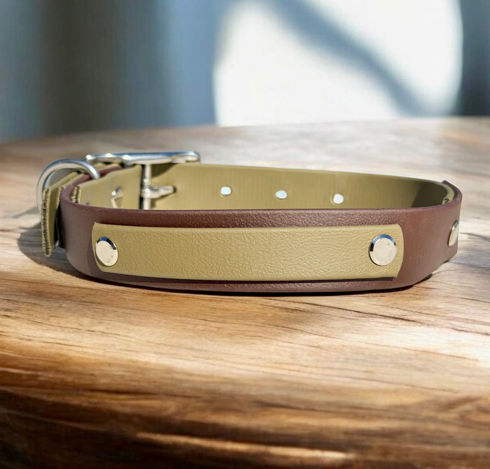 Olive and Brown Dog Collar with Stainless Steel Hardware